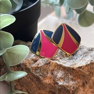 Vintage Avon 90s Fashion Earrings Hot Pink Royal Blue Gold Square Statement 344